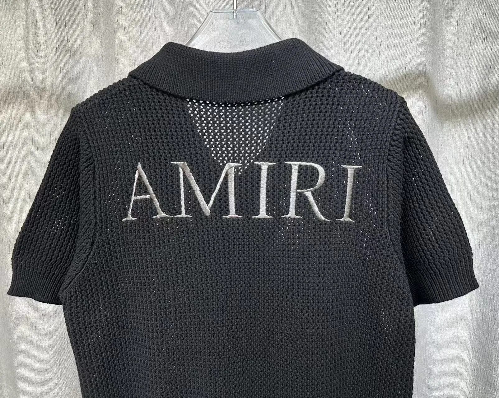 P260 2025 AMIRI new summer sweater fabric POLO collar cardigan short sleeves classic logo embroidery on the front and back 🈵hollow body heavy craftsmanship Color: Black Size: S M L XL XXL