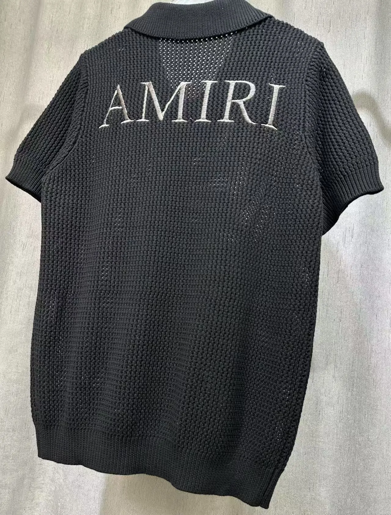 P260 2025 AMIRI new summer sweater fabric POLO collar cardigan short sleeves classic logo embroidery on the front and back 🈵hollow body heavy craftsmanship Color: Black Size: S M L XL XXL