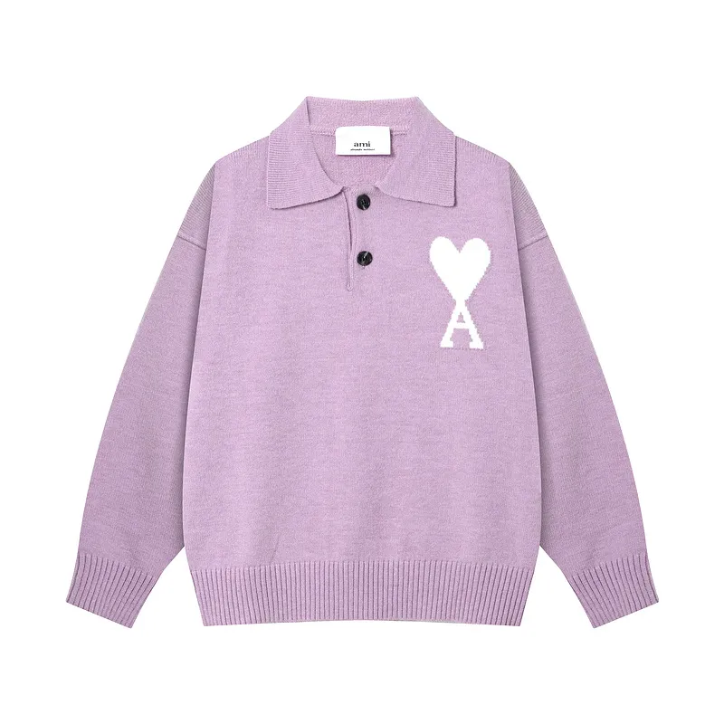 Ami Paris2025 early spring new product big love ADC jacquard wool patchwork reverse sleeve technology Ami De Coeur polo collar pullover sweater same style for men and women Oversize version Color: light gray lilac Size: S-XL