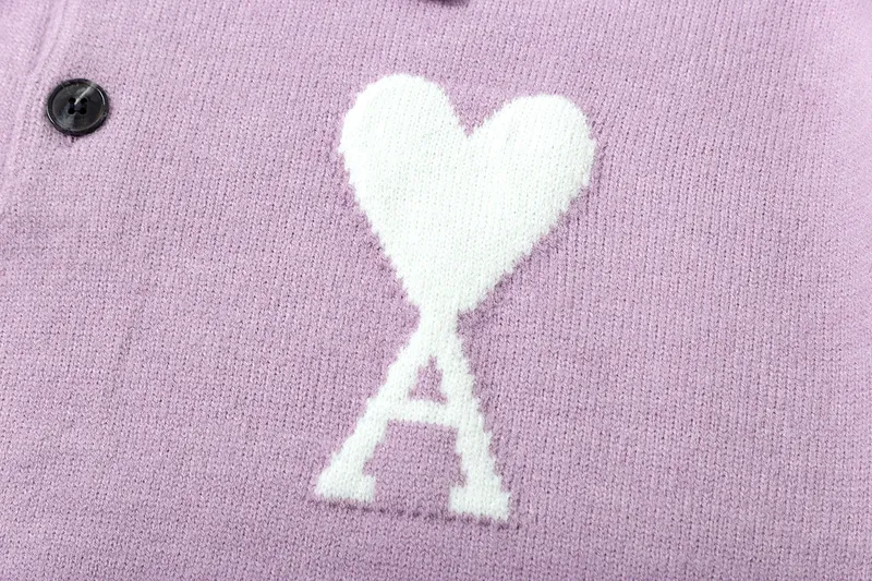 Ami Paris2025 early spring new product big love ADC jacquard wool patchwork reverse sleeve technology Ami De Coeur polo collar pullover sweater same style for men and women Oversize version Color: light gray lilac Size: S-XL