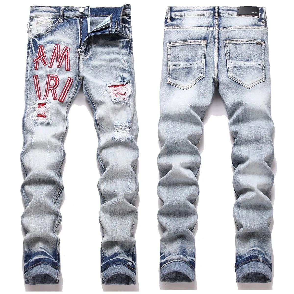 #M10 P168💰 AMIRI patch embroidery jeans trousers AMIRI high street basic ripped tight elastic jeans trousers amiri brand jeans break the production process and cutting of the original jeans, the fabrics are softer and more comfortable Hand-sewn collar label Customized logo buttons Genuine leather tag Color: Picture color Size: 30-32-34-36