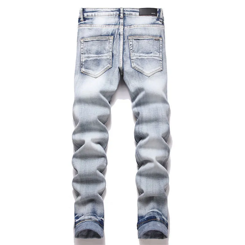 #M10 P168💰 AMIRI patch embroidery jeans trousers AMIRI high street basic ripped tight elastic jeans trousers amiri brand jeans break the production process and cutting of the original jeans, the fabrics are softer and more comfortable Hand-sewn collar label Customized logo buttons Genuine leather tag Color: Picture color Size: 30-32-34-36