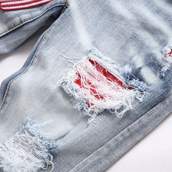 #M10 P168💰 AMIRI patch embroidery jeans trousers AMIRI high street basic ripped tight elastic jeans trousers amiri brand jeans break the production process and cutting of the original jeans, the fabrics are softer and more comfortable Hand-sewn collar label Customized logo buttons Genuine leather tag Color: Picture color Size: 30-32-34-36