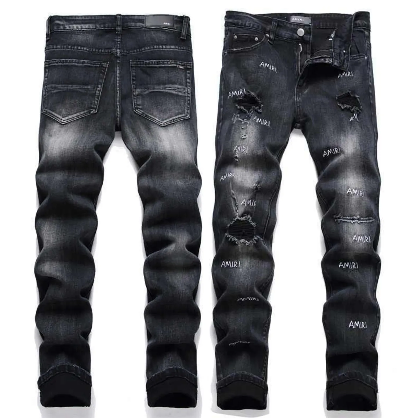 #M73 P168💰 AMIRI patch embroidery jeans trousers AMIRI high street basic ripped tight elastic jeans trousers amiri brand jeans break the production process and cutting of the original jeans, the fabrics are softer and more comfortable Hand-sewn collar label Customized logo buttons Genuine leather tag Color: Picture color Size: 30-32-34-36