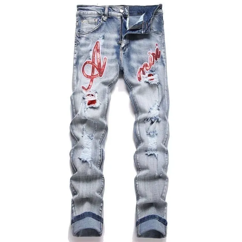 #N03 P186💰 AMIRI patch embroidery jeans trousers AMIRI high street basic ripped tight elastic jeans trousers amiri brand jeans break the production process and cutting of the original jeans, the fabrics are softer and more comfortable Hand-sewn collar label Customized logo buttons Genuine leather tag Color: Picture color Size: 30-32-34-36
