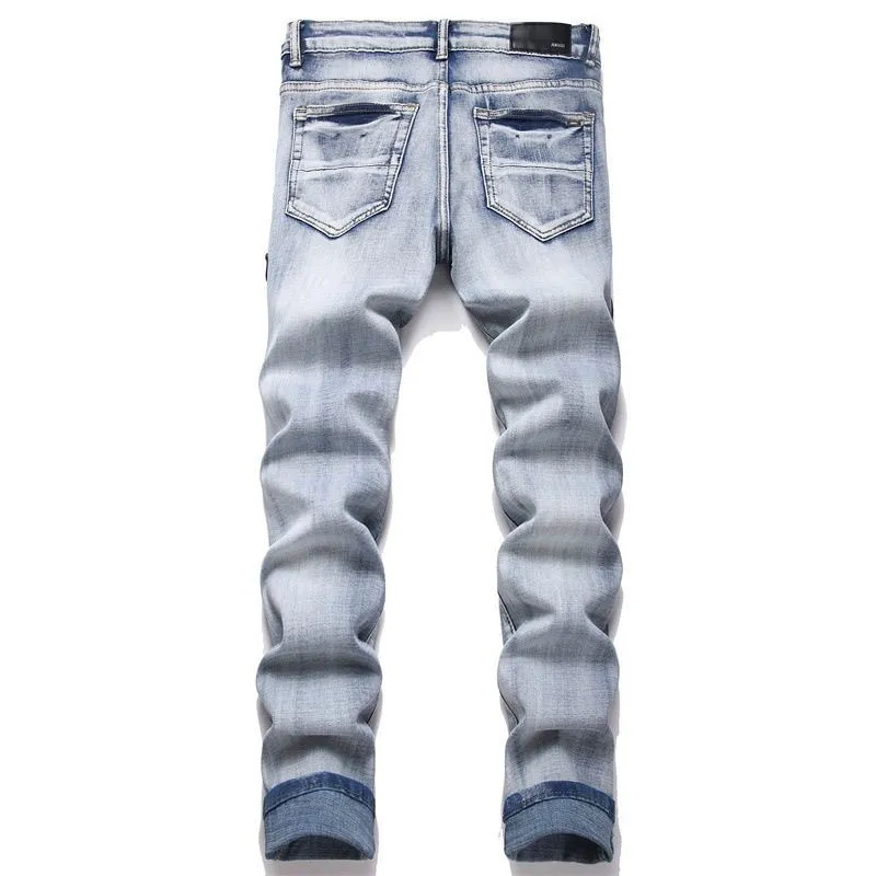 P186 💰 AMIRI patch embroidery jeans trousers AMIRI high street basic ripped tight elastic jeans trousers amiri brand jeans break the production process and cutting of the original jeans, the fabrics are softer and more comfortable Hand-sewn collar label Customized logo buttons Genuine leather tag Color: Picture color Size: 30-32-34-36