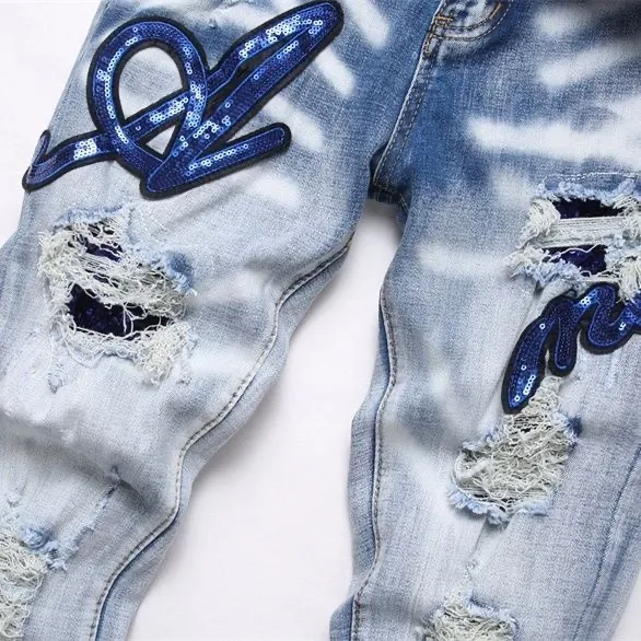 P186 💰 AMIRI patch embroidery jeans trousers AMIRI high street basic ripped tight elastic jeans trousers amiri brand jeans break the production process and cutting of the original jeans, the fabrics are softer and more comfortable Hand-sewn collar label Customized logo buttons Genuine leather tag Color: Picture color Size: 30-32-34-36