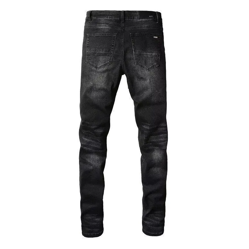 #M51 P168💰 AMIRI patch embroidery jeans trousers AMIRI high street basic ripped tight elastic jeans trousers amiri brand jeans break the production process and cutting of the original jeans, the fabrics are softer and more comfortable Hand-sewn collar label Customized logo buttons Genuine leather tag Color: Picture color Size: 30-32-34-36