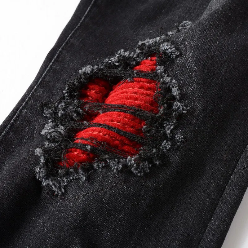 #M51 P168💰 AMIRI patch embroidery jeans trousers AMIRI high street basic ripped tight elastic jeans trousers amiri brand jeans break the production process and cutting of the original jeans, the fabrics are softer and more comfortable Hand-sewn collar label Customized logo buttons Genuine leather tag Color: Picture color Size: 30-32-34-36