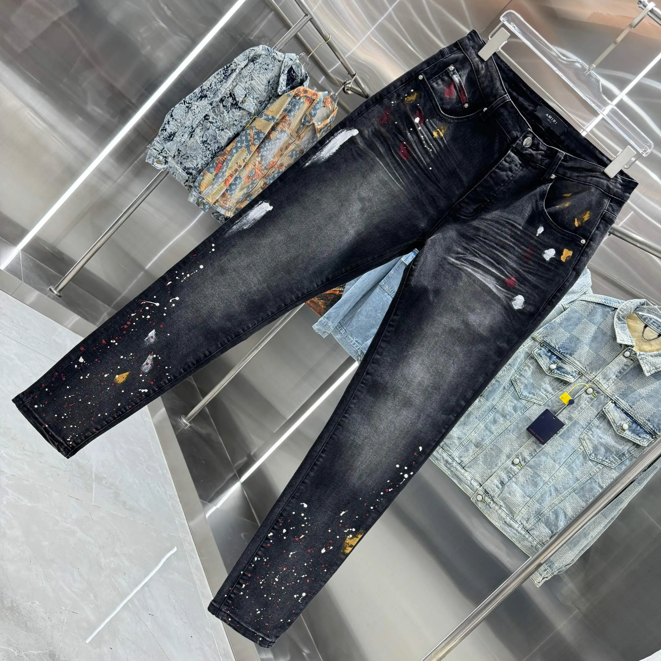 P290 Amiri colorful graffiti street fashion slim fit stretch jeans Color Black Size 30 32 34 36 38