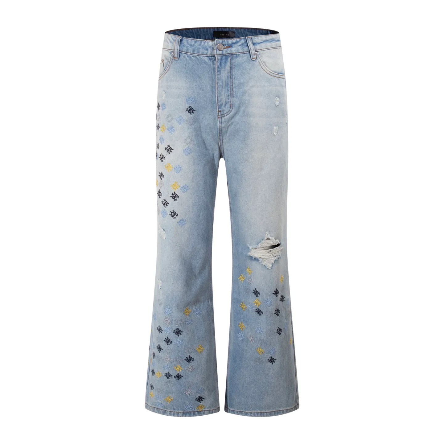 P270 Style number: H21 AMIRI & AMIRI 2025 new heavy-duty embroidered letters micro-flared couple-style washed jeans. Top ceiling quality. Styles with different washed textures, very friendly to people with thin legs and thick legs. The straight slim fit is very flattering to the leg shape. Moderate length that never goes out of style, easy to match with casual, basic styling for various styles, a must-have in the wardrobe! The fabric is stiff but also makes the upper body soft without losing texture. The washing process is even more perfect. It is a must-have item for everyone! ! ! Washed wheat, hang tag, pants label, three labels complete Color: blue Size: 30, 32, 34, 36