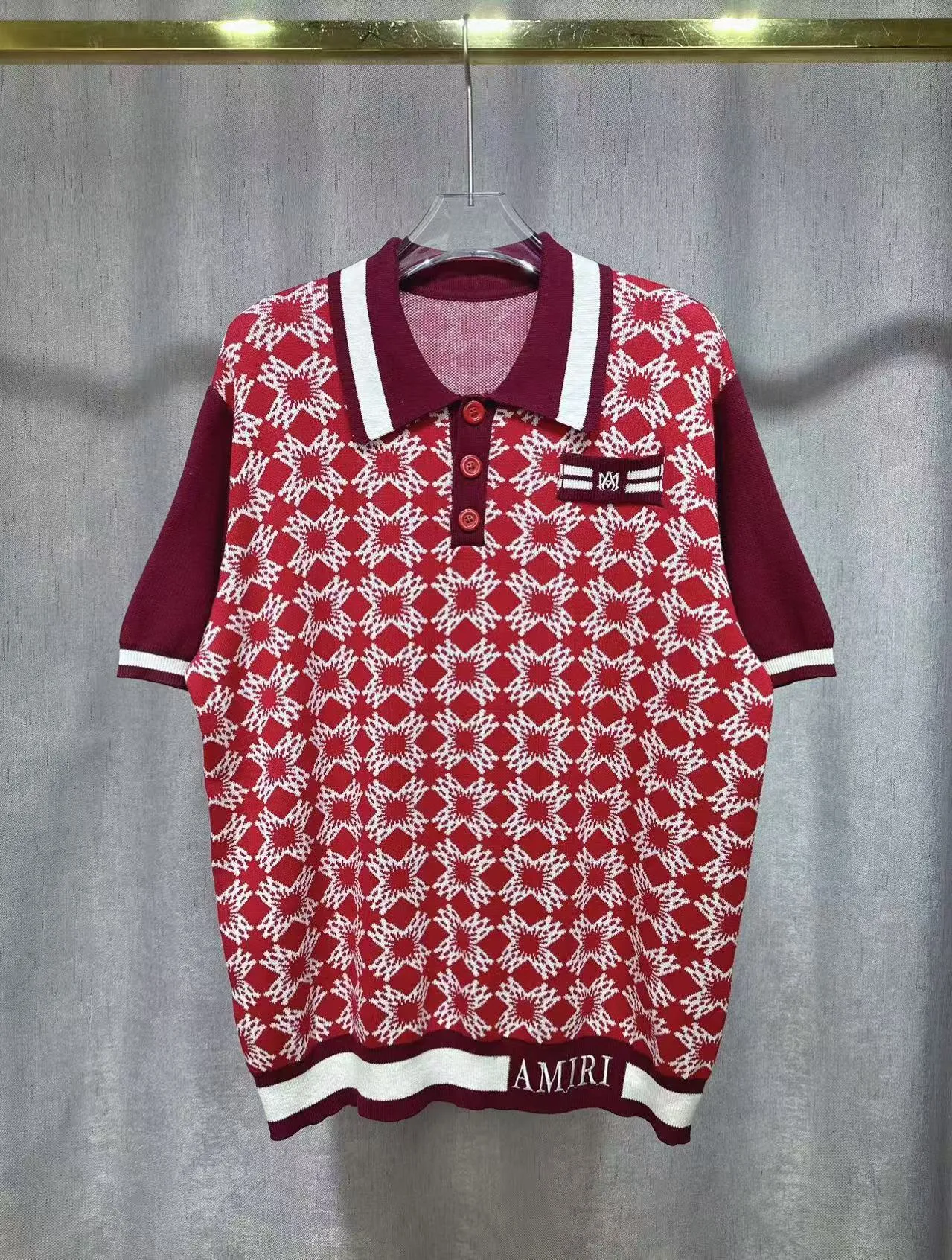 P240 🎉2025 AMIRI new summer sweater fabric POLO shirt with short sleeves, exclusive logo embroidery on the chest, embroidered letters on the hem Color: Gray Red Size: S M L XL XXL