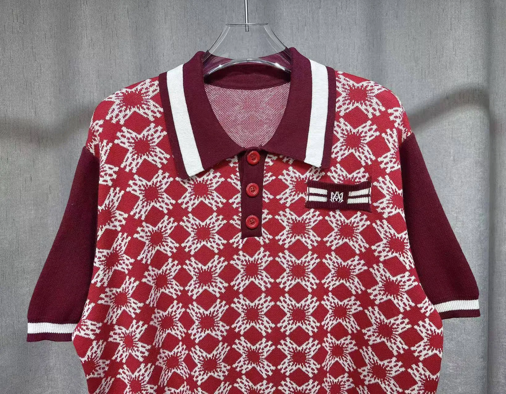 P240 🎉2025 AMIRI new summer sweater fabric POLO shirt with short sleeves, exclusive logo embroidery on the chest, embroidered letters on the hem Color: Gray Red Size: S M L XL XXL