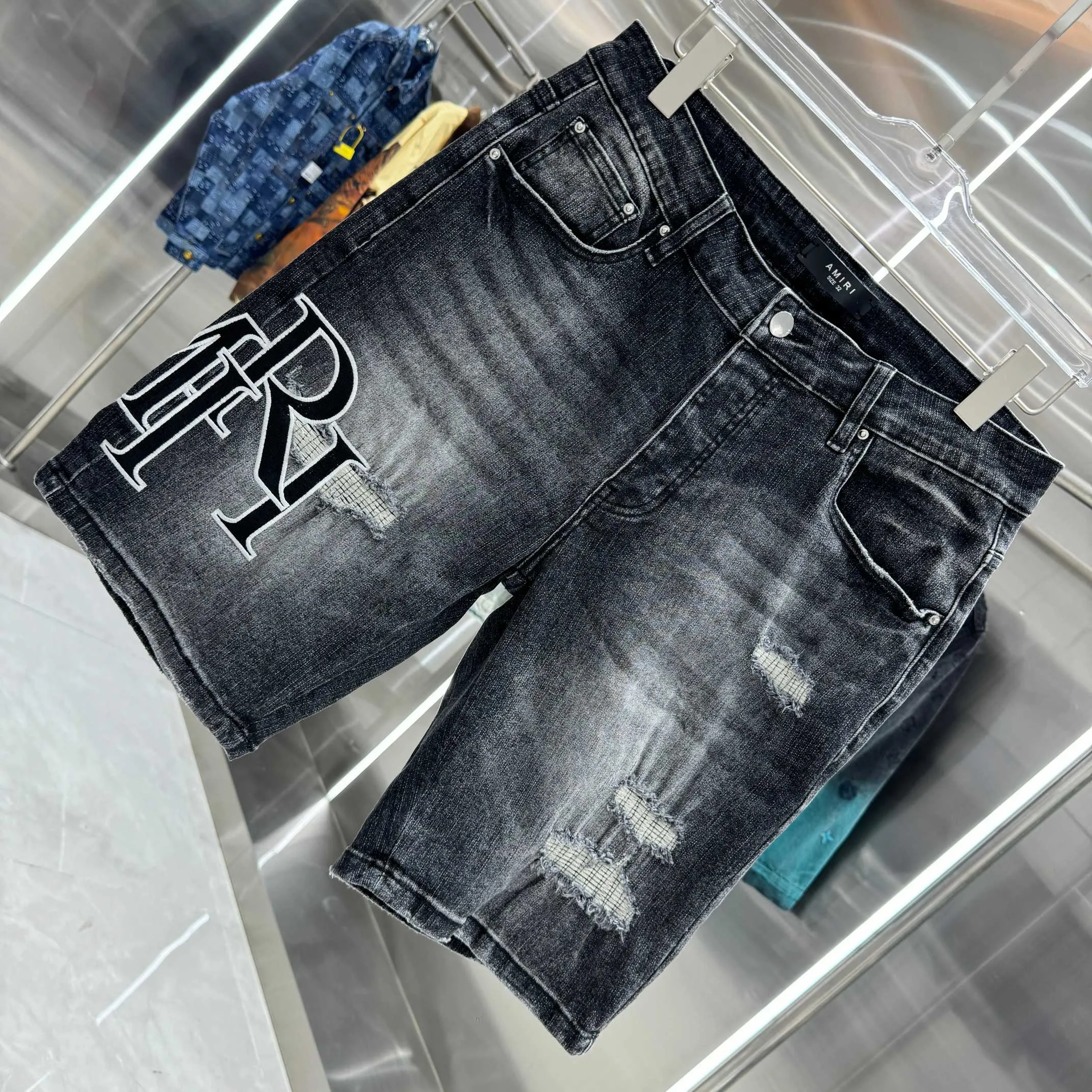 P260 Amiri ripped letter embroidery craft street fashion jeans shorts Color Black Size 30 32 34 36 38