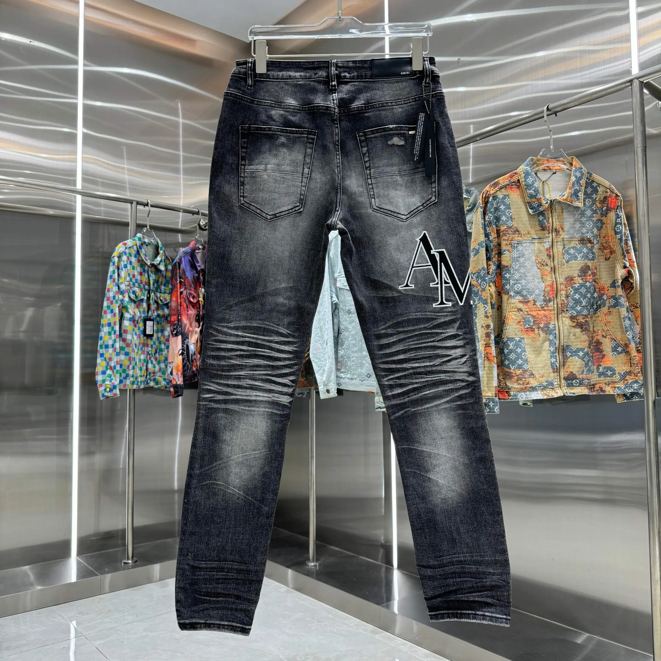 P290 Amiri letter embroidery craft street fashion slim fit stretch jeans Color Black Size 30 32 34 36 38