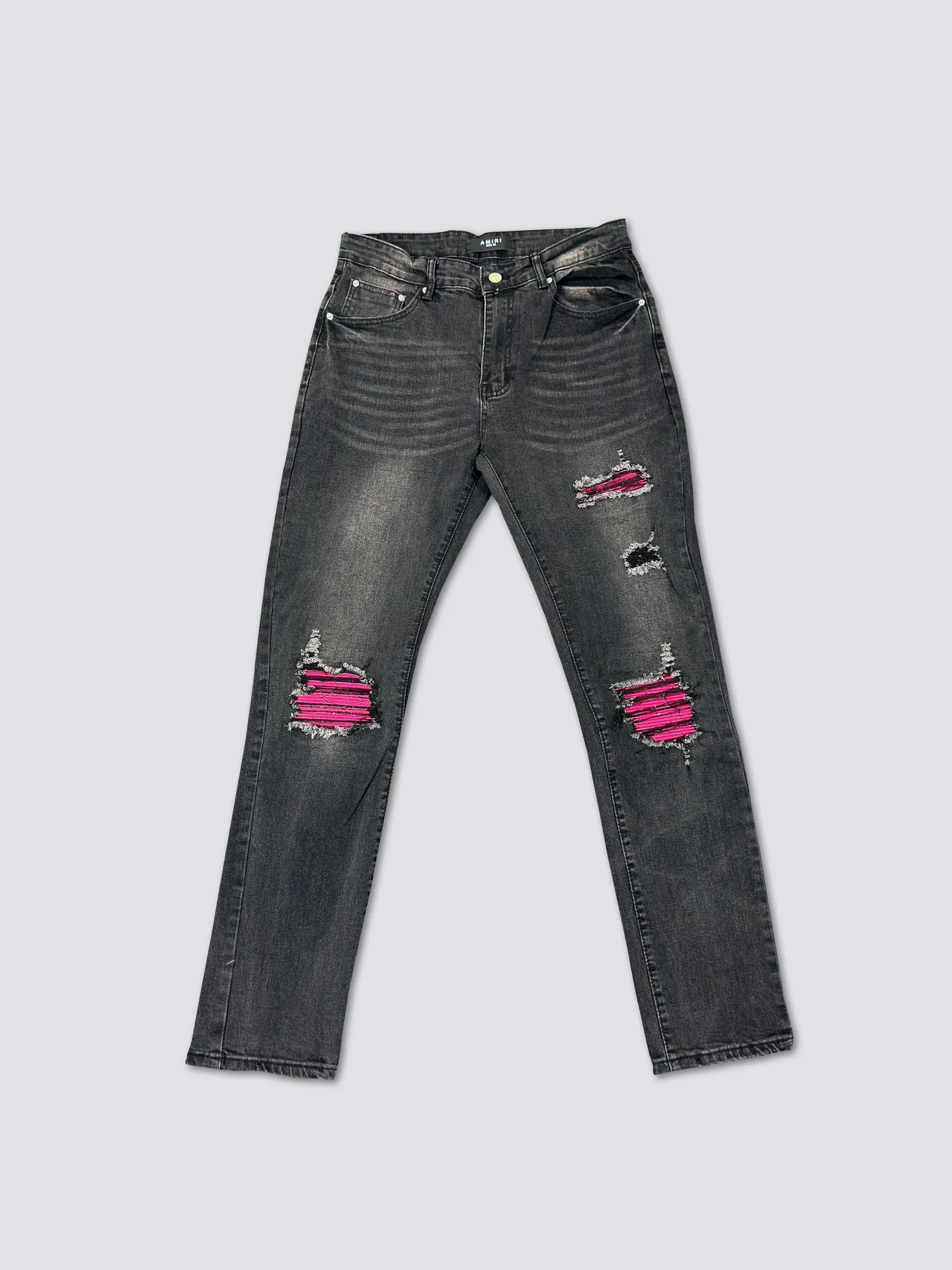 AMIRI's new jeans, washed, ripped, pink leather denim trousers, same style for men and women. Color: black. Size: S-XL (28-34)