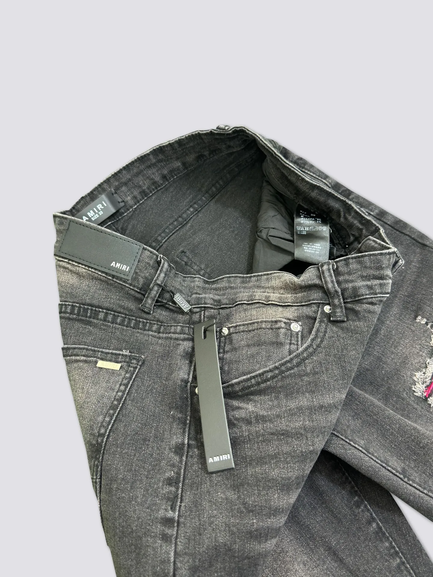AMIRI's new jeans, washed, ripped, pink leather denim trousers, same style for men and women. Color: black. Size: S-XL (28-34)