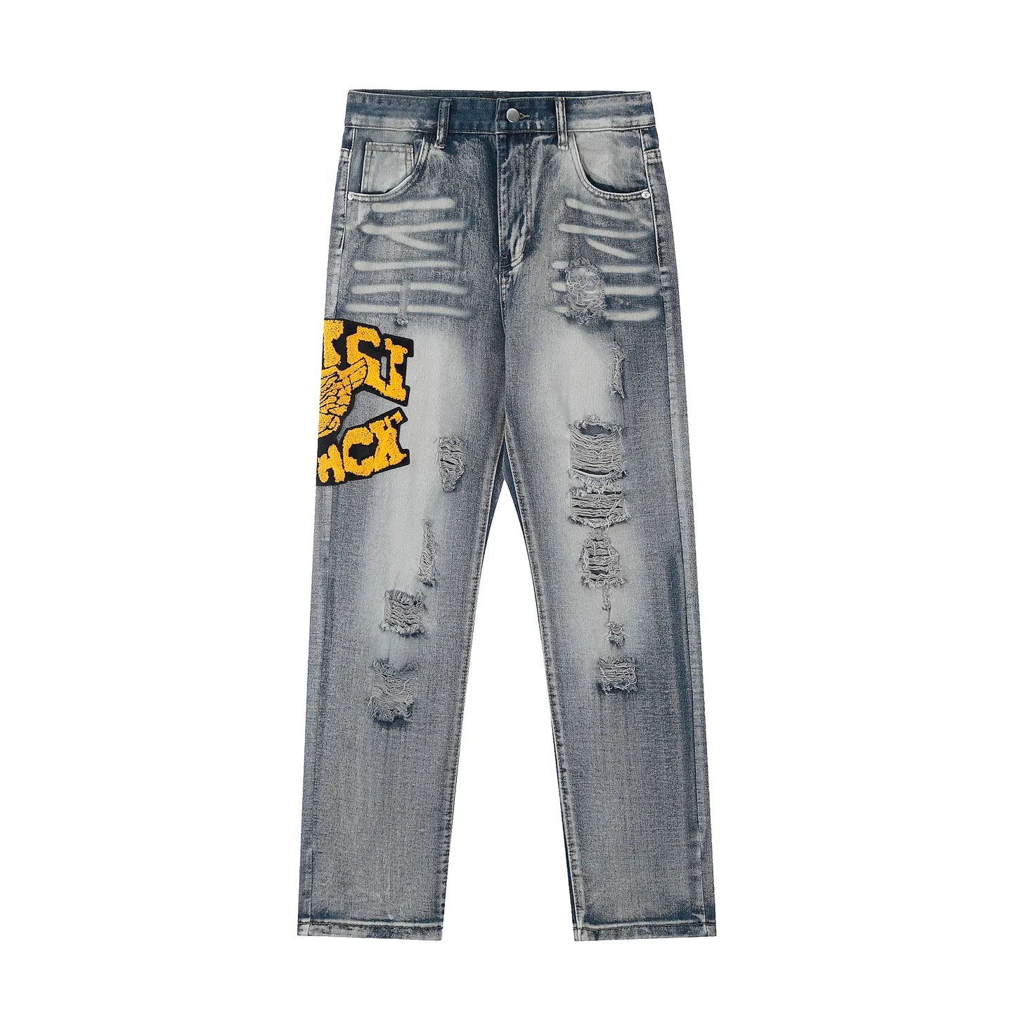 #M14 P168💰 Heavyweight AMIRI 24ss embroidery wings high street jeans slim fit stretch washed knife cut hole trousers FOG high street men's trend AMIRI amiri is transliterated as Emil, which is the name of the founder. Mike Amiri, the founder of amiri, grew up in Los Angeles, USA, and was influenced by local street culture and Punk Rock since he was a child. Due to his influence, he founded the amiri brand named after himself. A variety of trendy clothing meets the needs of different fashion players. Amiri clothing has novel and unique styles and is a well-known street brand in the United States. The styles and styles of many clothes are loved by many street photographers. The various clothing styles meet the dressing needs of different people, show their unique temperament, and show the trend of dressing. amiri's jeans are relatively famous. Not only do they have many styles, but the quality of the jeans is also very good. Many celebrities have also worn amiri brand jeans. Color: Picture color Size: 30-32-34-36