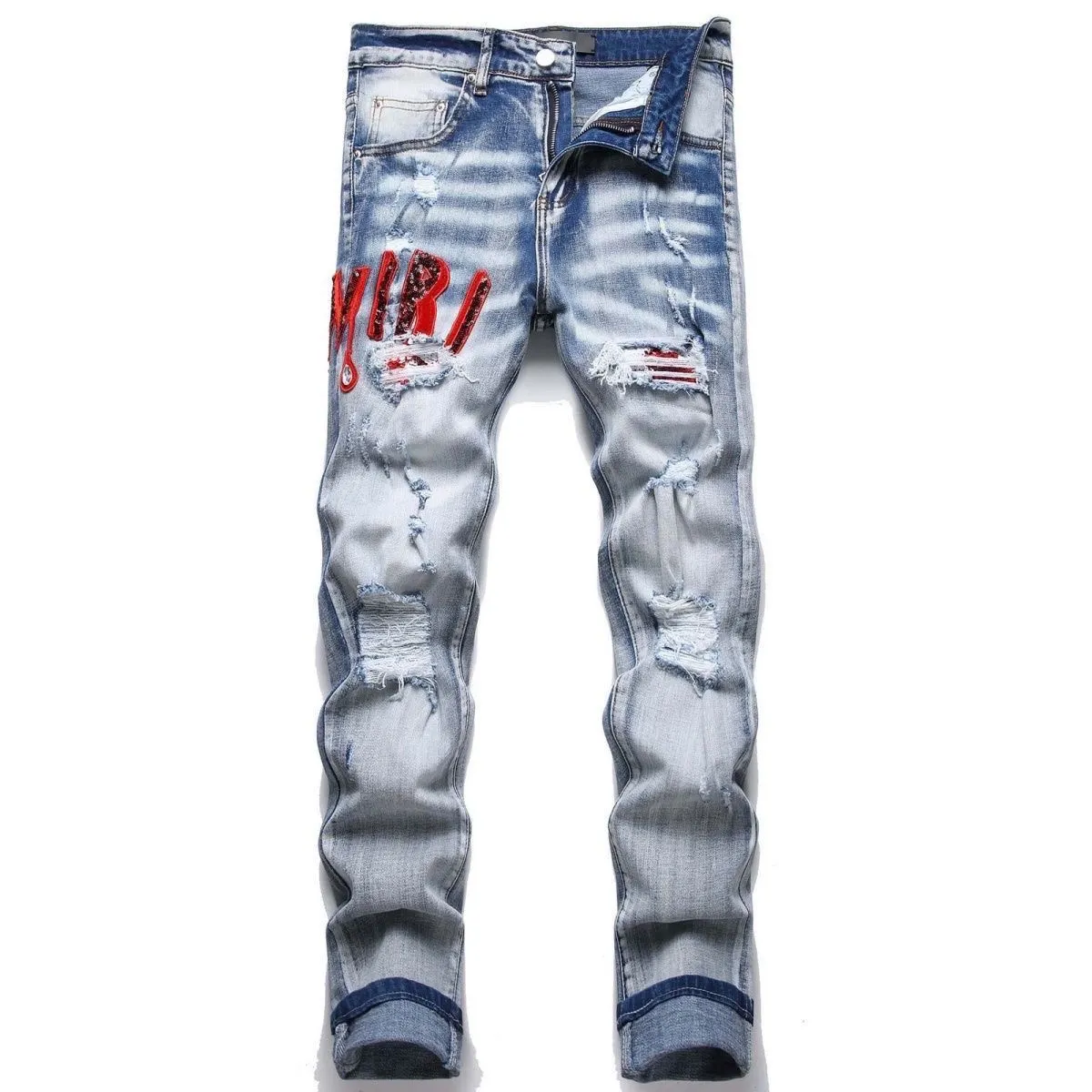 #M08 P168💰 AMIRI patch embroidery jeans trousers AMIRI high street basic ripped tight elastic jeans trousers amiri brand jeans break the production process and cutting of the original jeans, the fabrics are softer and more comfortable Hand-sewn collar label Customized logo buttons Genuine leather tag Color: Picture color Size: 30-32-34-36