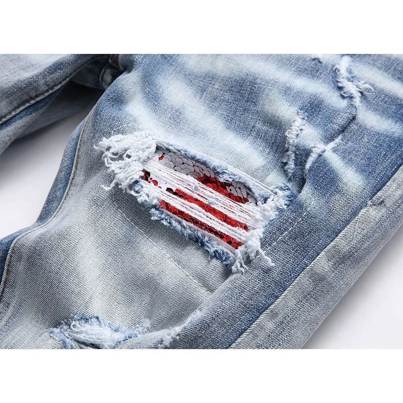 #M08 P168💰 AMIRI patch embroidery jeans trousers AMIRI high street basic ripped tight elastic jeans trousers amiri brand jeans break the production process and cutting of the original jeans, the fabrics are softer and more comfortable Hand-sewn collar label Customized logo buttons Genuine leather tag Color: Picture color Size: 30-32-34-36
