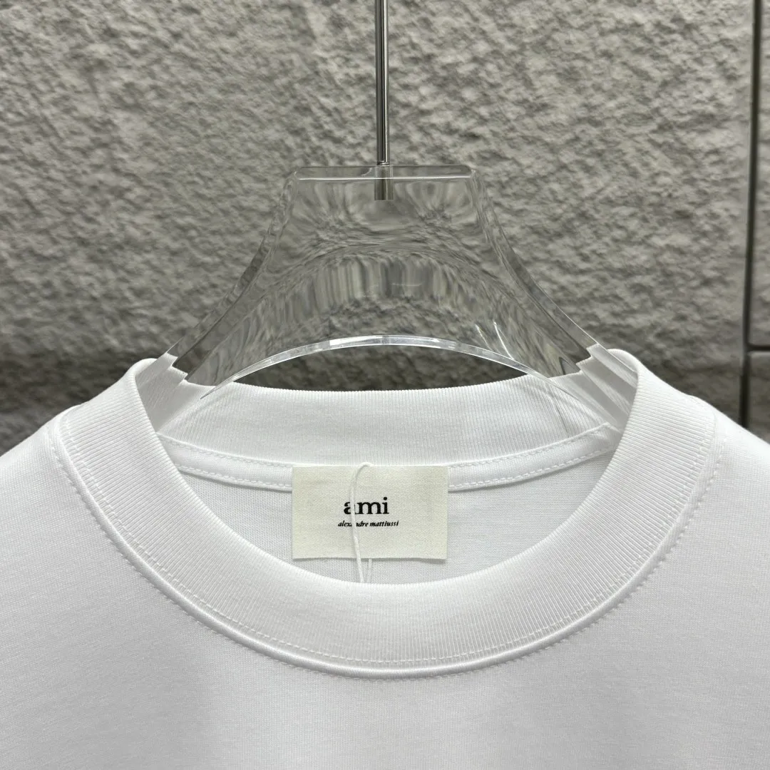 🅿️180 Ami* love embroidery 2025 spring and summer new style Hollow love A embroidered with personalized letters Customized double yarn plain cotton fabric Short-sleeved T-shirt Same style for men and women Color: white floral gray black Size: S (90-130 pounds) M (120-150 pounds) L (140-165 pounds) XL (160-180 pounds) XXL (180-210 pounds)