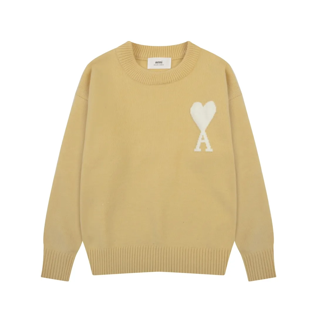 A8143# AMI Paris 2024 Autumn and Winter New Product New Color Big Love Alpaca Blended Soft Waxy Knitted Round Neck Cloud Sweater Oversize Version Same Style for Men and Women Color: Ice Blue Light Yellow Light Pink Purple Gray Turmeric Dark Gray Turquoise Dark Purple Code Number: S-XL