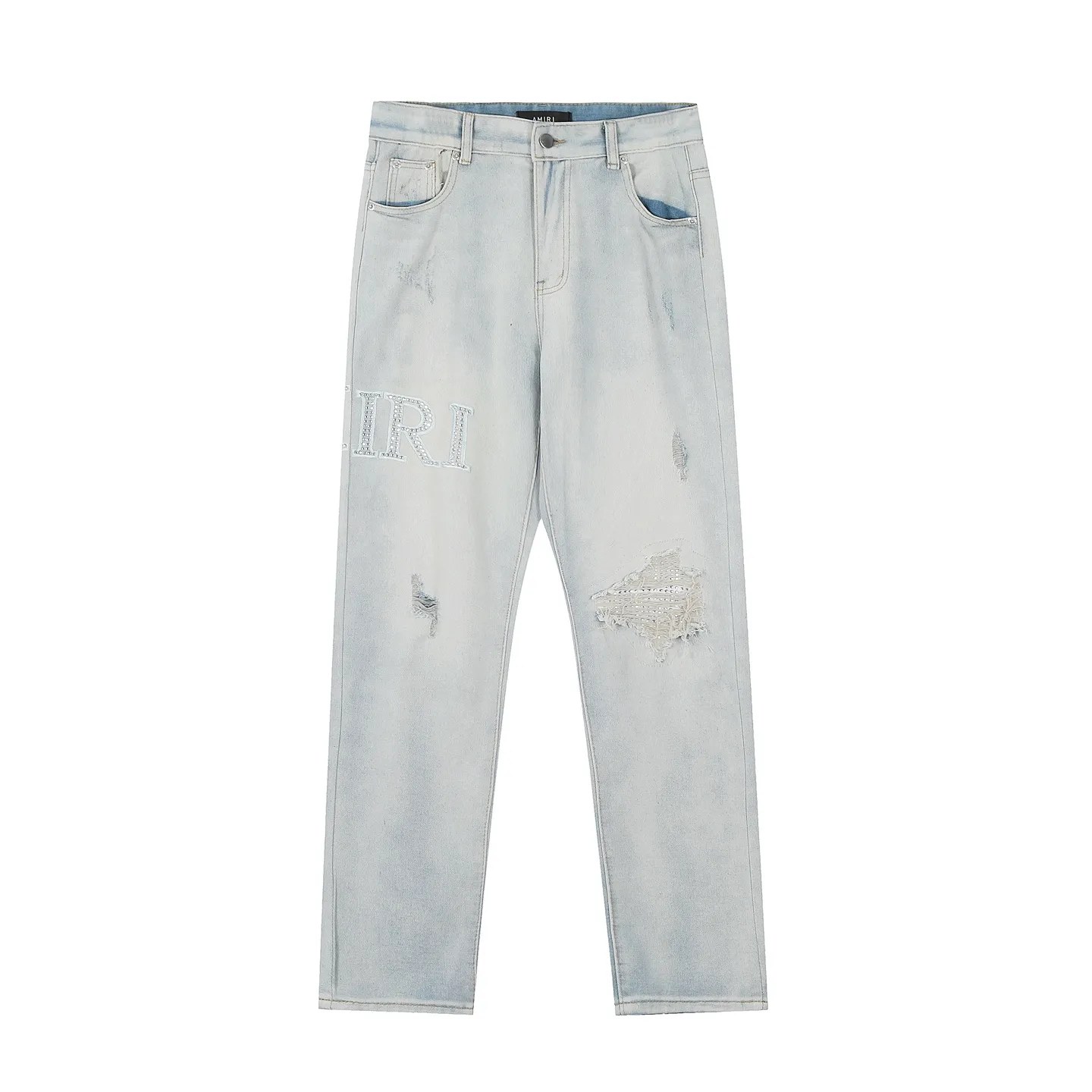 #M01 P168💰 AMIRI white ripped high street jeans with diamonds! The transliteration of amiri is Emil, which is the name of the founder. Mike Amiri, the founder of amiri, grew up in Los Angeles, USA. He was influenced by local street culture and Punk Rock since he was a child, so he founded the amiri brand named after himself. A variety of trendy clothing meets the needs of different fashion players. Amiri clothing has novel and unique styles and is a well-known street brand in the United States. The styles and styles of many clothes are loved by many street photographers. The various clothing styles meet the dressing needs of different people, show their unique temperament, and show the trend of dressing. amiri's jeans are relatively famous. Not only do they have many styles, but the quality of their denim jackets is also very good. Many celebrities have also worn the amiri brand's denim series. The fabric is made of 100% cotton denim! High temperature setting, heavy sand washing, never fade, full of fashion! All made to order! -The colorful embroidery on the chest is so tense and the embroidery is neat! Imported machine for work! quality assurance!  -The entire garment is made with fine workmanship. Each seam is pressed using a double-needle machine. This stitching is a test of the workers' skills. If it goes astray, the entire garment will be scrapped. The hardware is custom-made, with exclusive logos, and is a one-to-one replica of the original! Original trademark! The fit is loose and slimming! Color: Picture color Size: 30-32-34-36