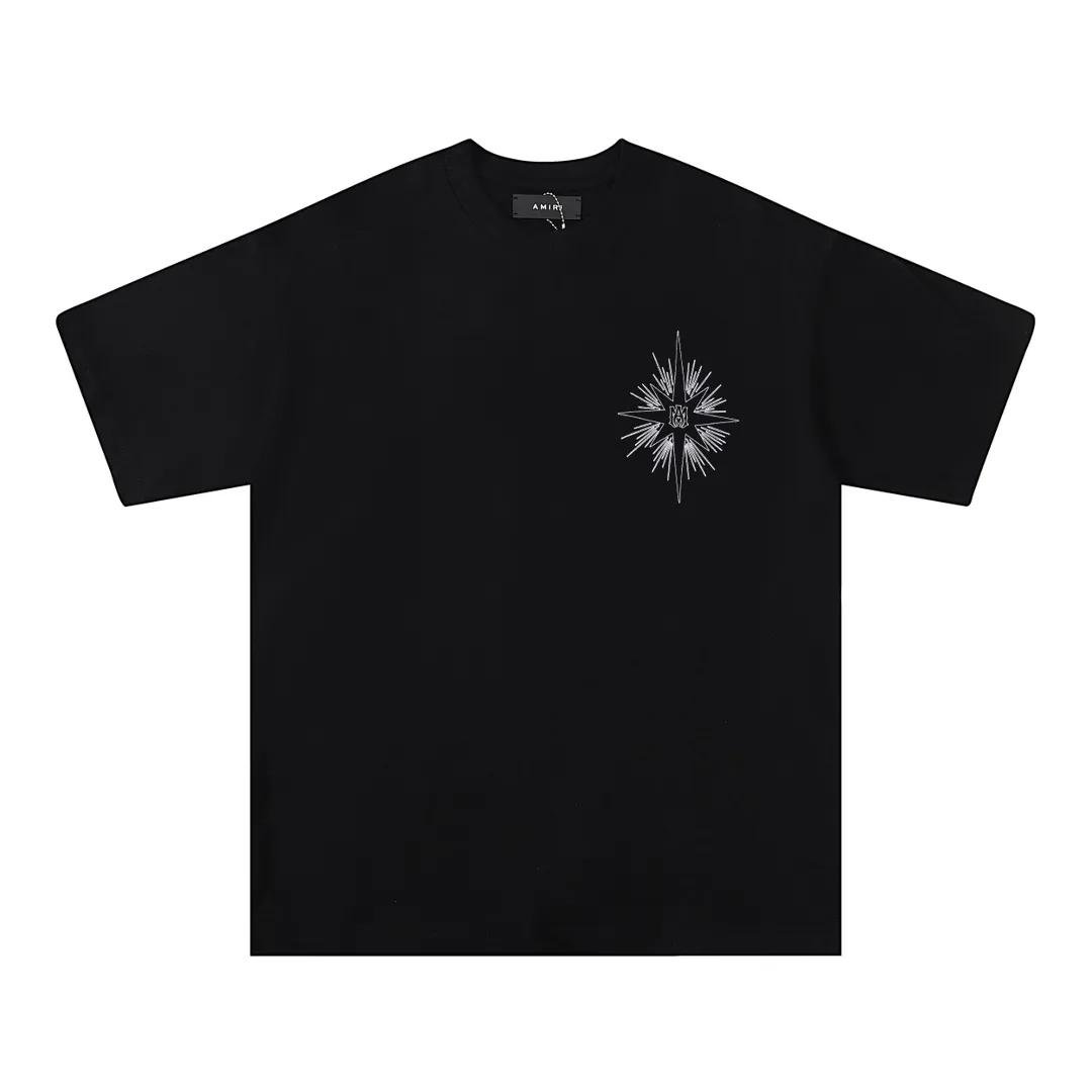 P114 Fabric: 260g double yarn AMIRI 2025 spring and summer new logo round neck T-shirt high street same style for men and women loose classic letter printed short sleeves Color: black. Apricot Size: S M L XL