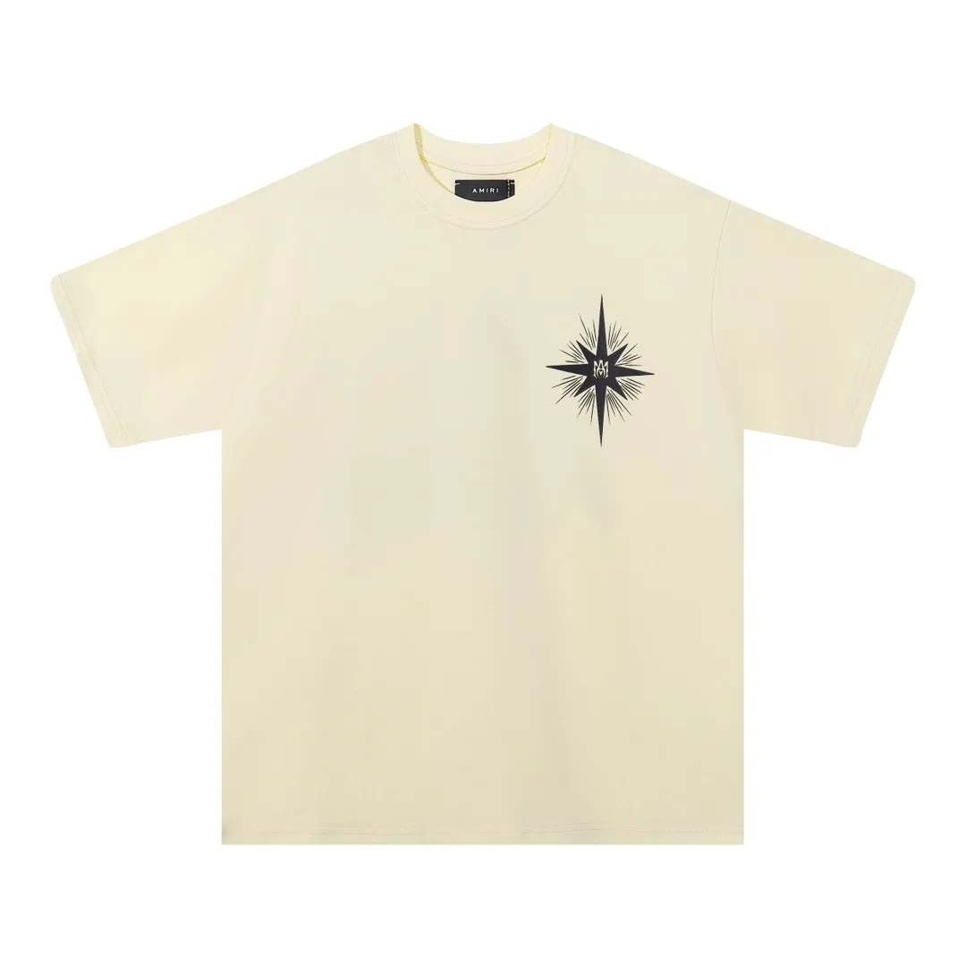 P114 Fabric: 260g double yarn AMIRI 2025 spring and summer new logo round neck T-shirt high street same style for men and women loose classic letter printed short sleeves Color: black. Apricot Size: S M L XL