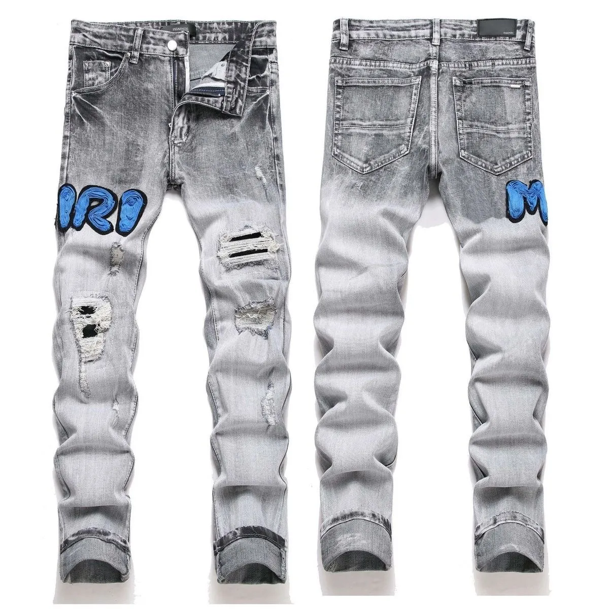 P186 💰 AMIRI patch embroidery jeans trousers AMIRI high street basic ripped tight elastic jeans trousers amiri brand jeans break the production process and cutting of the original jeans, the fabrics are softer and more comfortable Hand-sewn collar label Customized logo buttons Genuine leather tag Color: Picture color Size: 30-32-34-36