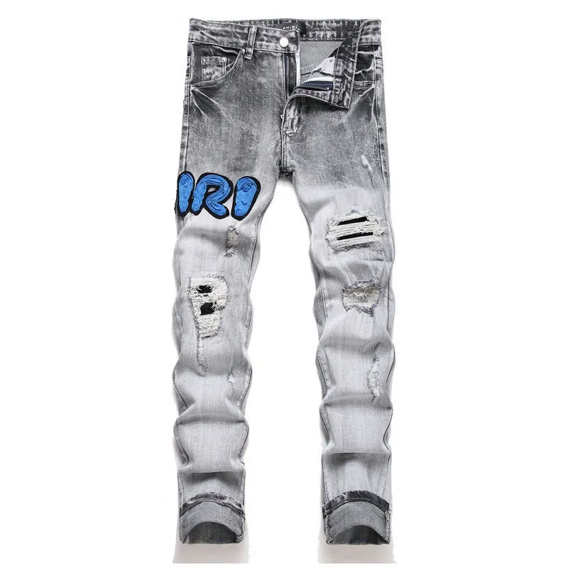 P186 💰 AMIRI patch embroidery jeans trousers AMIRI high street basic ripped tight elastic jeans trousers amiri brand jeans break the production process and cutting of the original jeans, the fabrics are softer and more comfortable Hand-sewn collar label Customized logo buttons Genuine leather tag Color: Picture color Size: 30-32-34-36