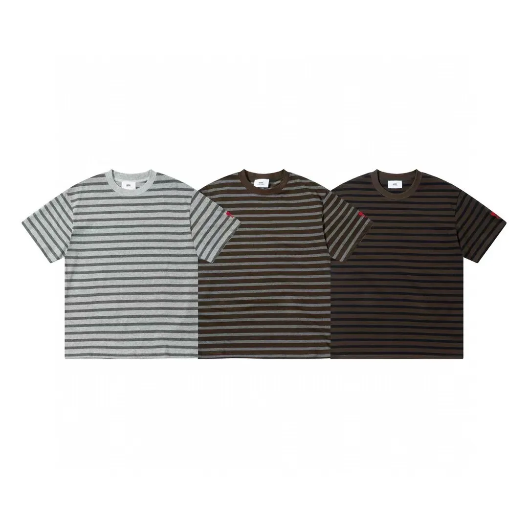 1226# AMI PARIS 25SS new classic cuff small love logo embroidered cotton large striped round neck short-sleeved T-shirt YP customized 240g pure cotton fabric same style for men and women Color: black gray green gray green black Size S-XL