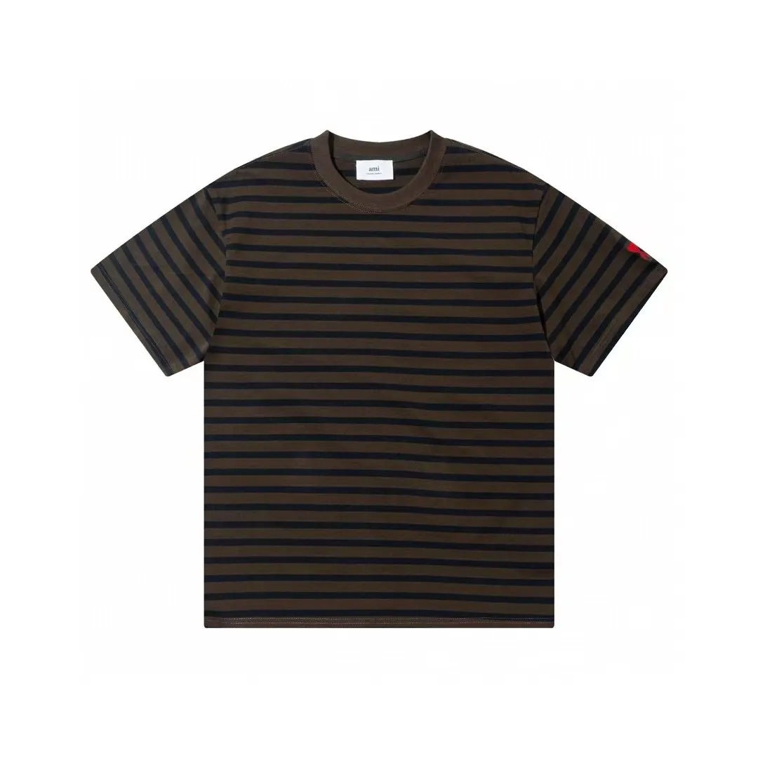 1226# AMI PARIS 25SS new classic cuff small love logo embroidered cotton large striped round neck short-sleeved T-shirt YP customized 240g pure cotton fabric same style for men and women Color: black gray green gray green black Size S-XL