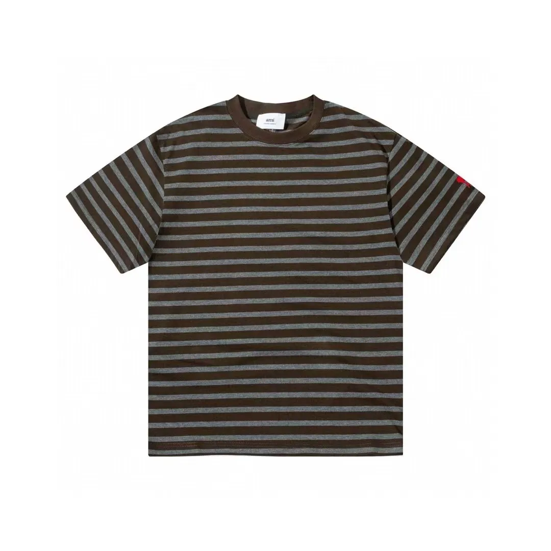 1226# AMI PARIS 25SS new classic cuff small love logo embroidered cotton large striped round neck short-sleeved T-shirt YP customized 240g pure cotton fabric same style for men and women Color: black gray green gray green black Size S-XL