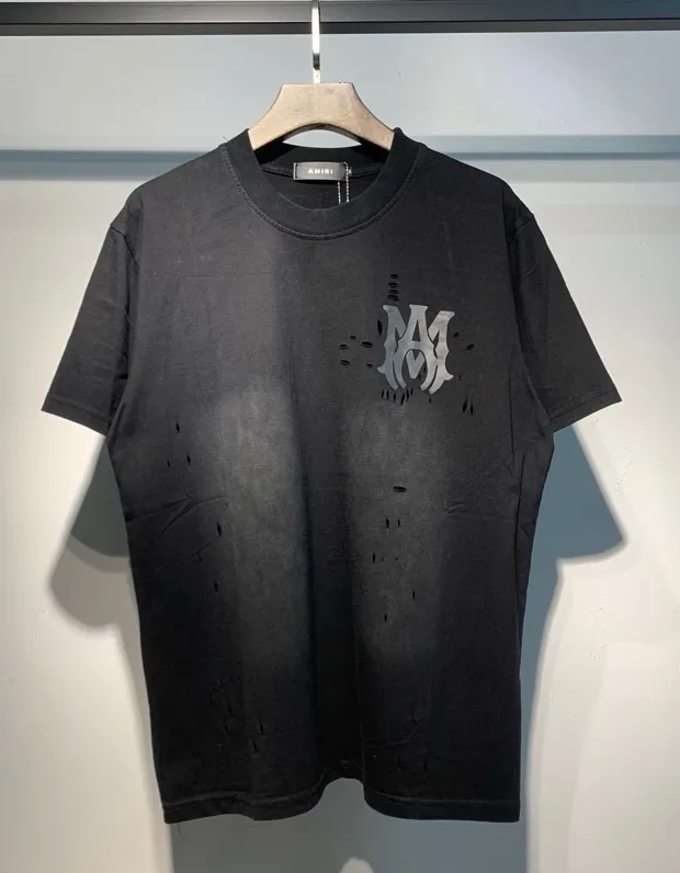 9650 model P140 real shot hanging new product 2025 AMIRI washed and tied with old holes short-sleeved T-shirt apricot black S. M. L. XL