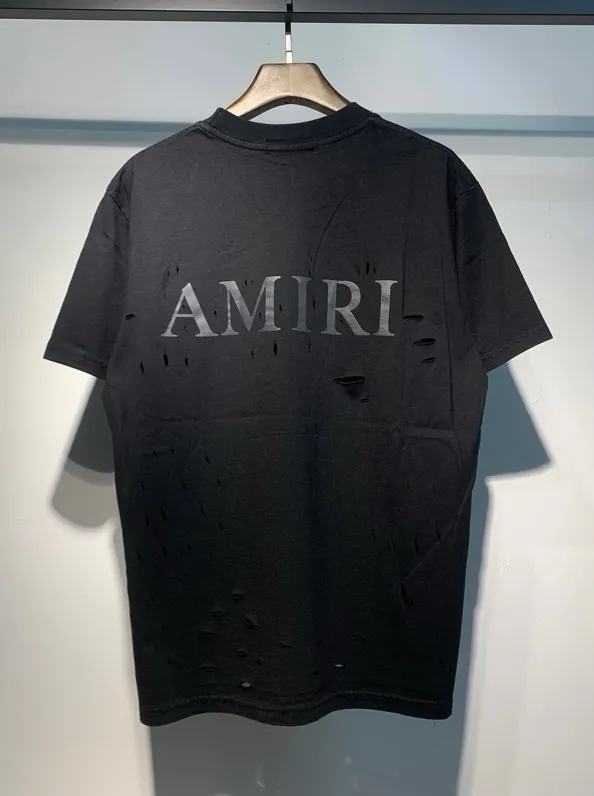 9650 model P140 real shot hanging new product 2025 AMIRI washed and tied with old holes short-sleeved T-shirt apricot black S. M. L. XL
