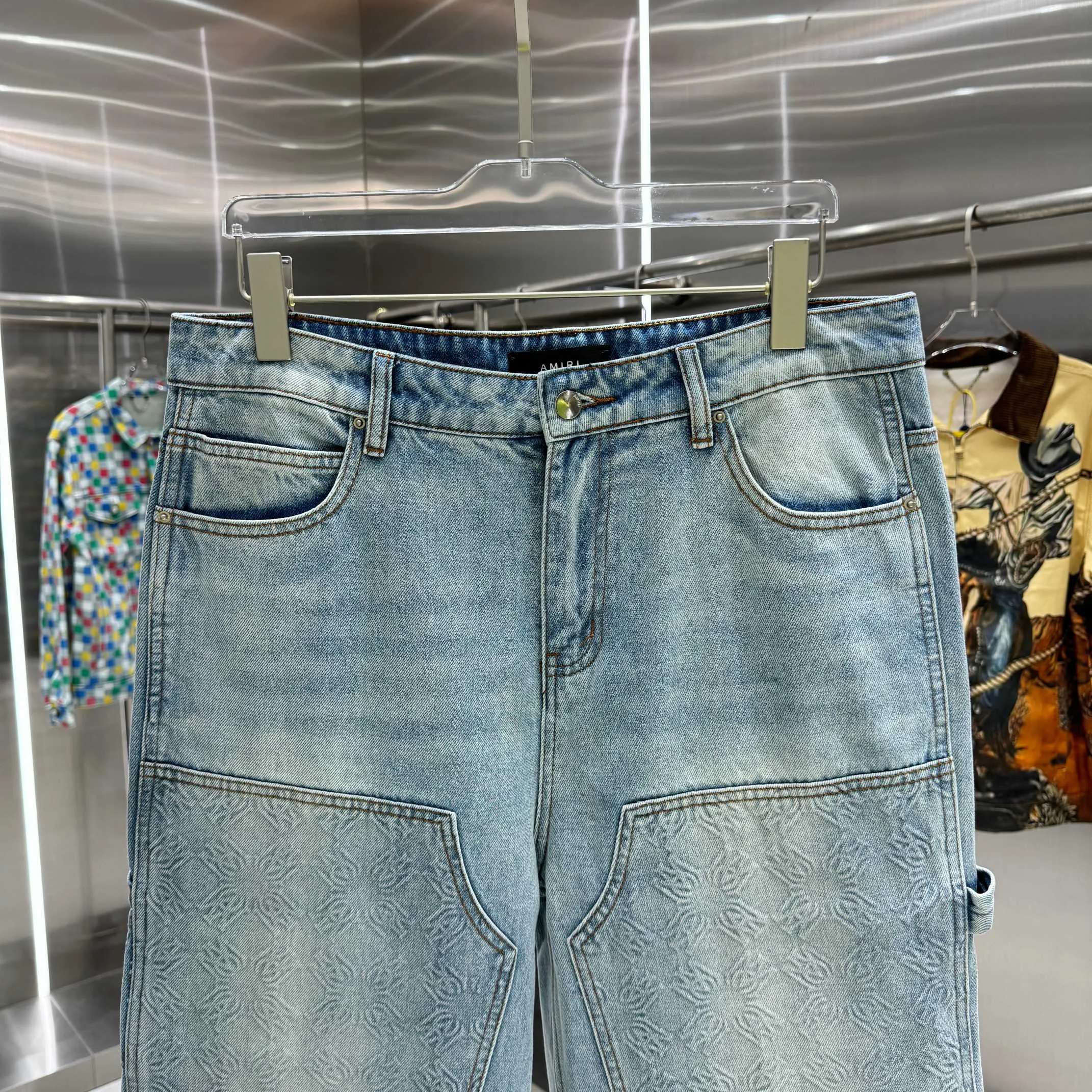 P250 Amiri Dark Pattern Jacquard Workwear Street Trend Loose Straight Jeans Color Light Blue Size 30 32 34 36