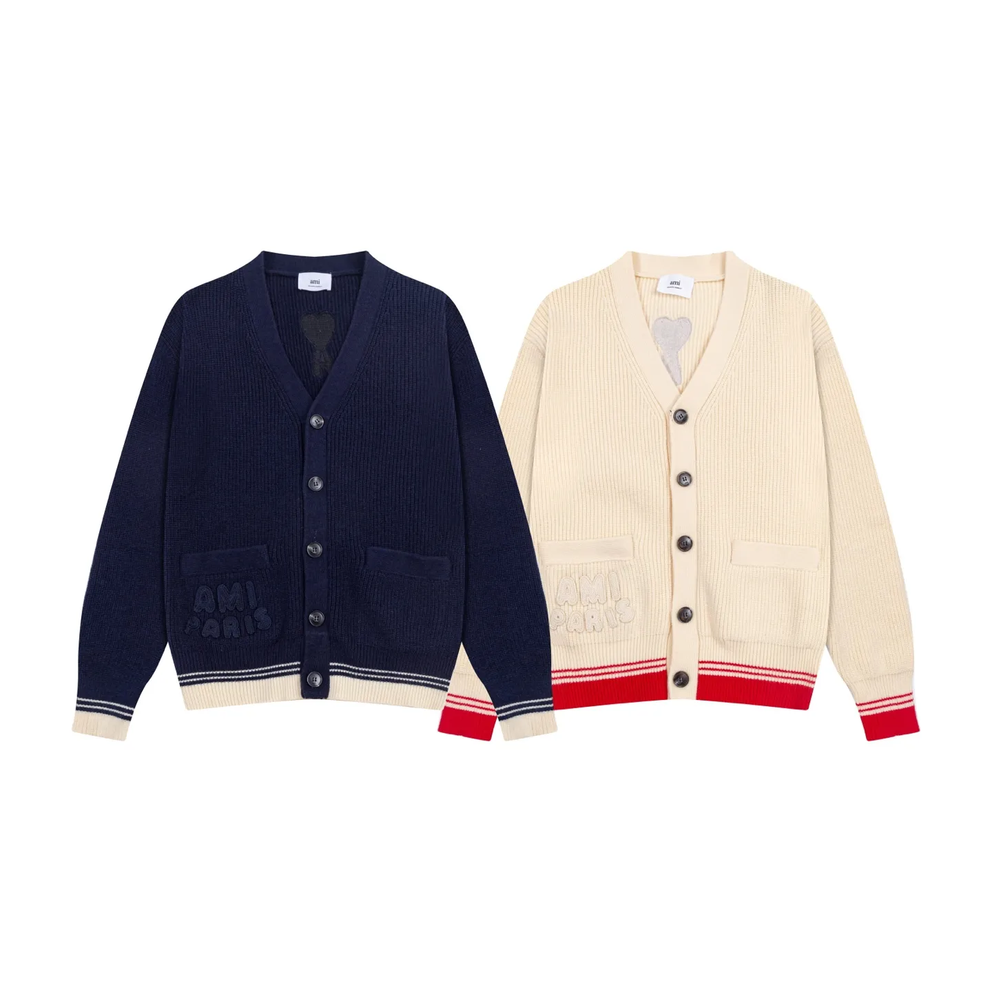 A8186# AMI Paris 2025 Autumn and Winter New Arrival Woven ADC Striped Cardigan Love Word Logo Sheep Knitted Sweater Jacket 800G High Weight Oversize Version Same Style for Men and Women Color: Baolan Apricot Code Number: S-XL