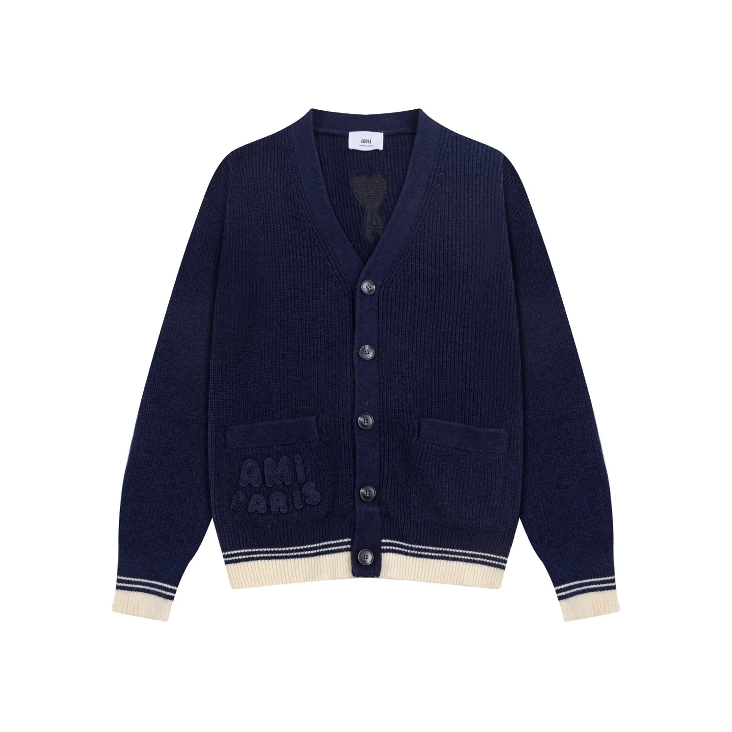 A8186# AMI Paris 2025 Autumn and Winter New Arrival Woven ADC Striped Cardigan Love Word Logo Sheep Knitted Sweater Jacket 800G High Weight Oversize Version Same Style for Men and Women Color: Baolan Apricot Code Number: S-XL