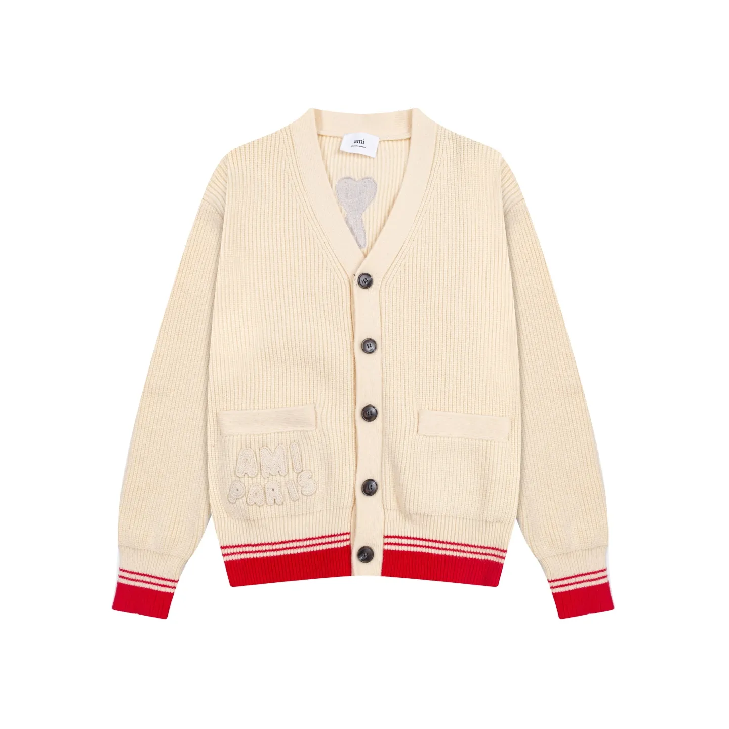 A8186# AMI Paris 2025 Autumn and Winter New Arrival Woven ADC Striped Cardigan Love Word Logo Sheep Knitted Sweater Jacket 800G High Weight Oversize Version Same Style for Men and Women Color: Baolan Apricot Code Number: S-XL