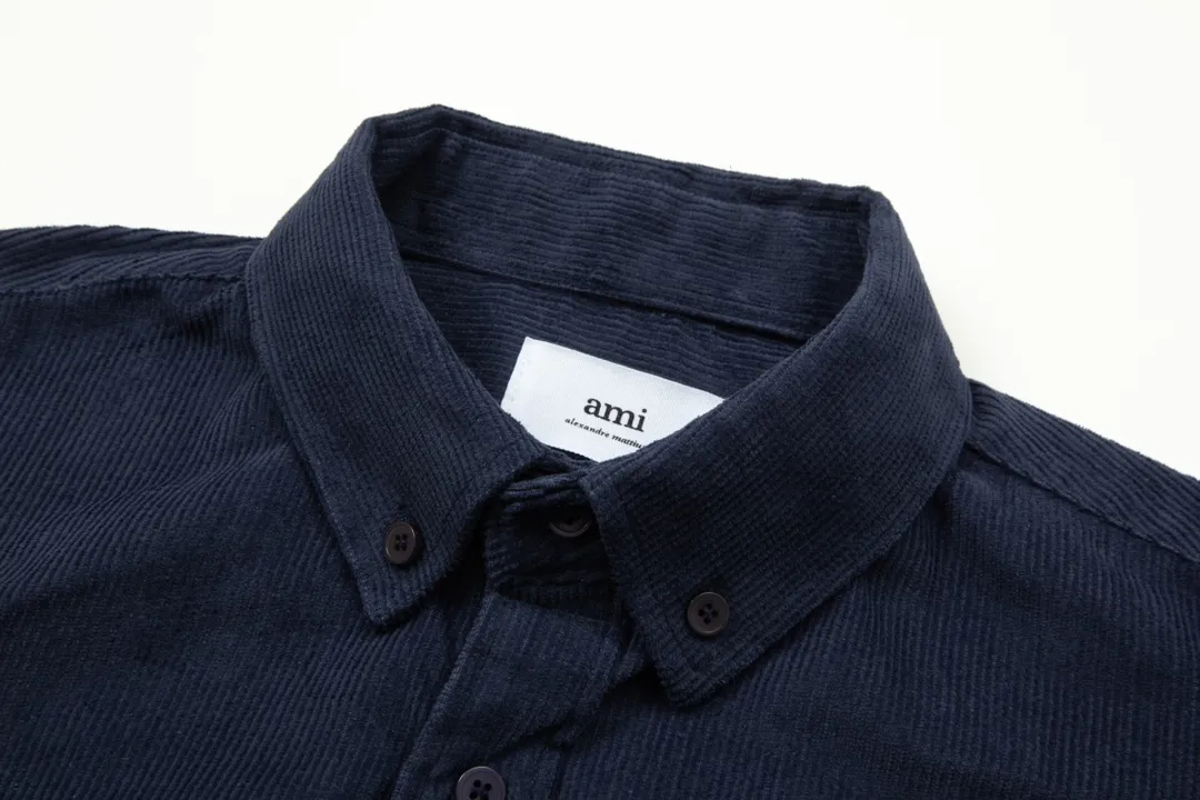 2201# AMI Paris 2024 Autumn and Winter New Arrival Autumn Little Hearts of the Same Color on the Chest Casual Cotton Corduroy Shirt Original Customized 280g Pure Cotton Fabric Regular Fit Same Style for Men and Women Color: Black Paulan Khaki Size: S-XL