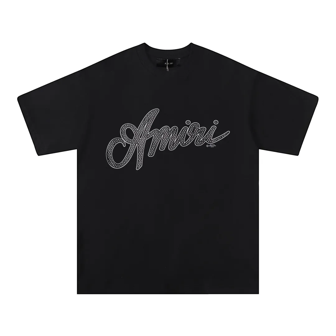 P114 Fabric: 260g double yarn AMIRI 2025 spring and summer new logo round neck T-shirt high street same style for men and women loose classic letter printed short sleeves Color: black. White Red Size: S M L XL