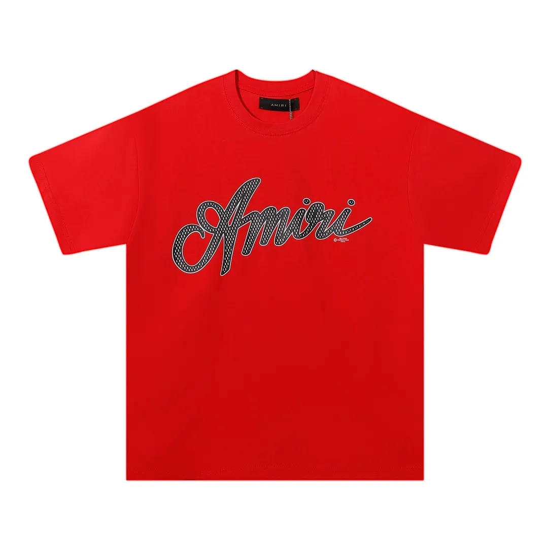 P114 Fabric: 260g double yarn AMIRI 2025 spring and summer new logo round neck T-shirt high street same style for men and women loose classic letter printed short sleeves Color: black. White Red Size: S M L XL