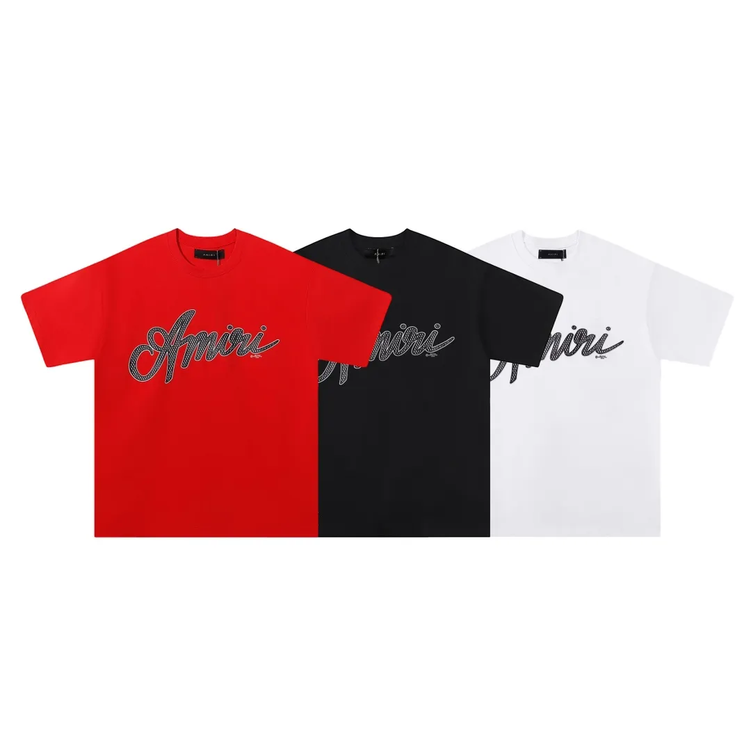 P114 Fabric: 260g double yarn AMIRI 2025 spring and summer new logo round neck T-shirt high street same style for men and women loose classic letter printed short sleeves Color: black. White Red Size: S M L XL