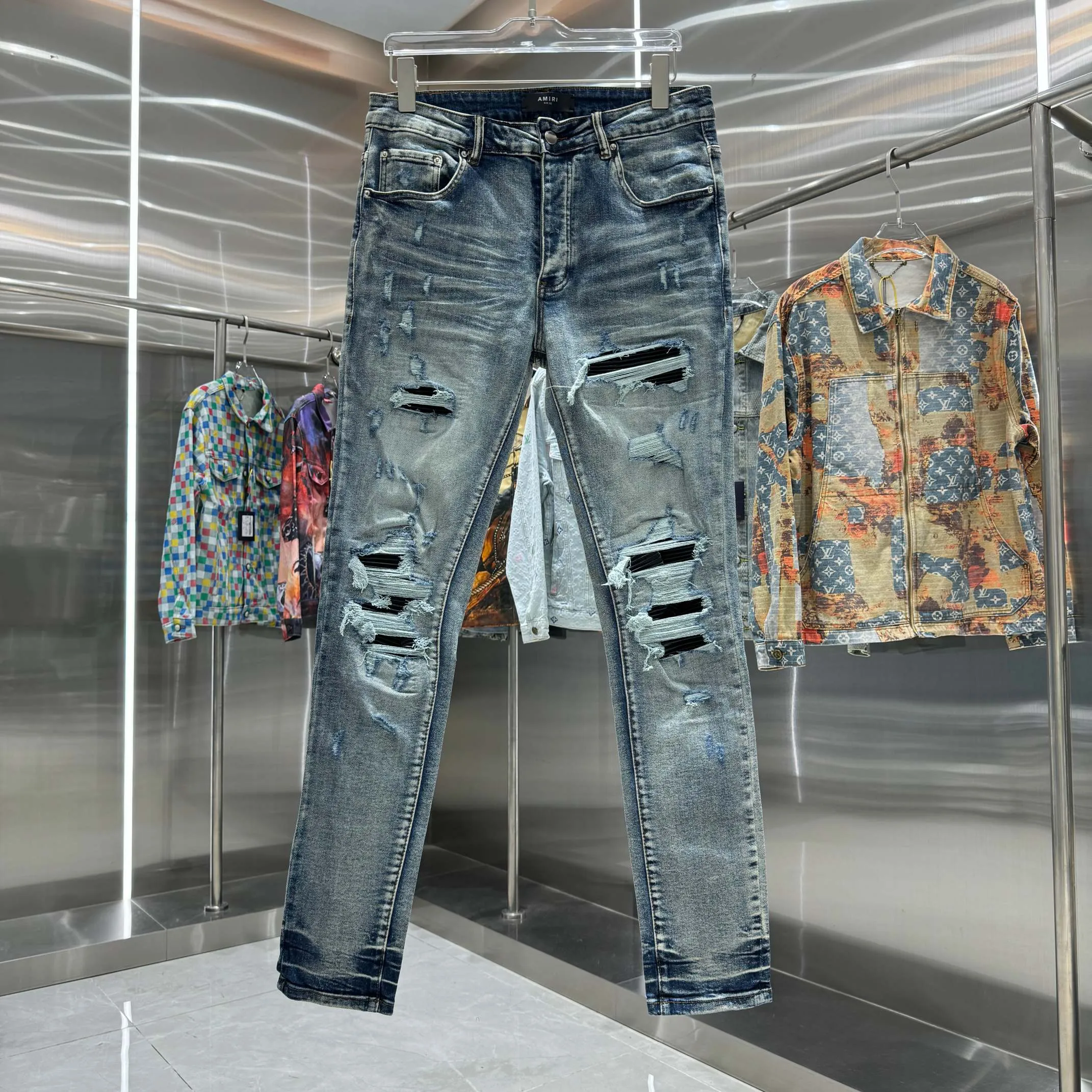 P290 Amiri ripped street fashion slim fit stretch jeans color blue size 30 32 34 36 38