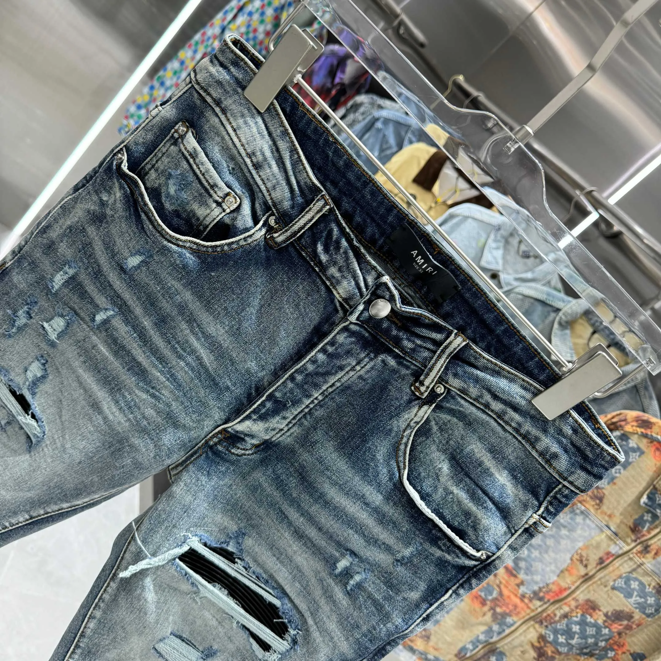 P290 Amiri ripped street fashion slim fit stretch jeans color blue size 30 32 34 36 38