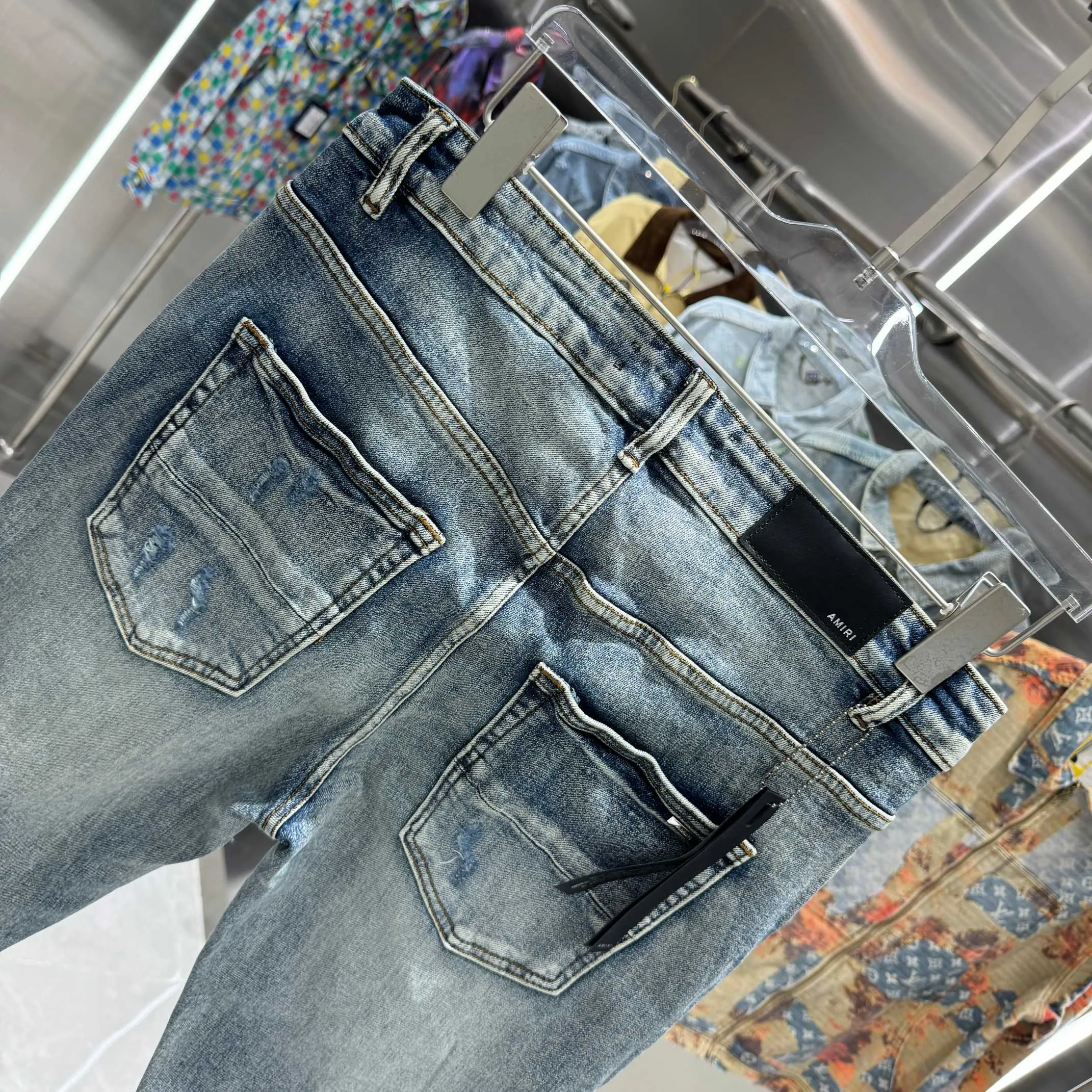 P290 Amiri ripped street fashion slim fit stretch jeans color blue size 30 32 34 36 38