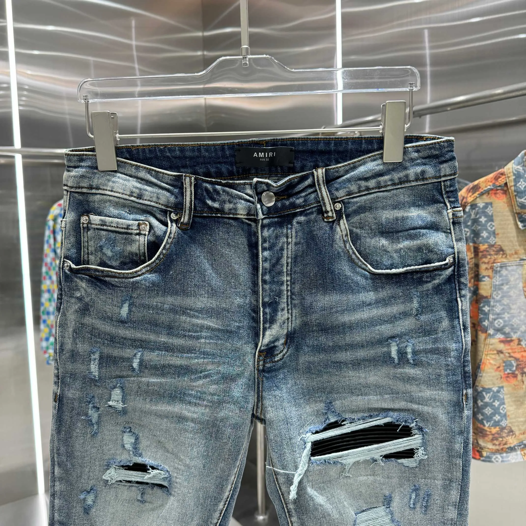 P290 Amiri ripped street fashion slim fit stretch jeans color blue size 30 32 34 36 38