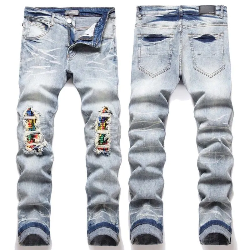 #M77 P168💰 AMIRI patch embroidery jeans trousers AMIRI high street basic ripped tight elastic jeans trousers amiri brand jeans break the production process and cutting of the original jeans, the fabrics are softer and more comfortable Hand-sewn collar label Customized logo buttons Genuine leather tag Color: Picture color Size: 30-32-34-36