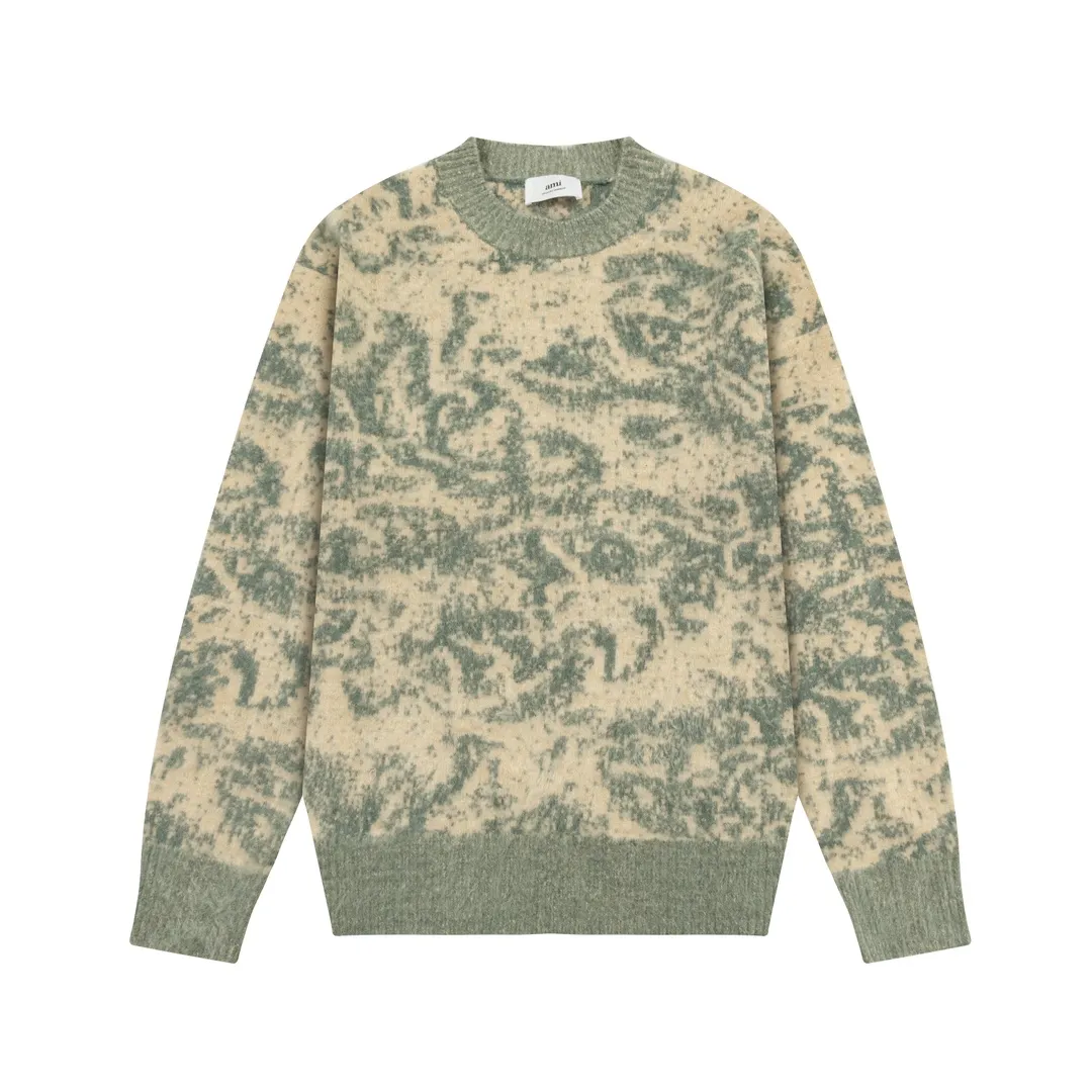A8172# Ami Paris 2024 autumn and winter new designer floral jacquard knitted round neck seahorse and alpaca sweater for men and women. Color: blue and white porcelain. Size S-XL